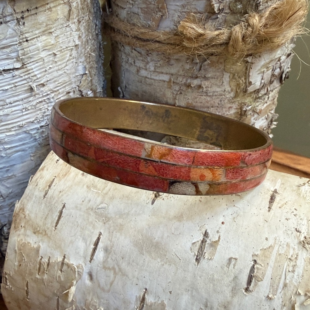 Vintage Mosaic Inlay Brass Bangle Red Neutral Boho Southwestern - Picture 5 of 5